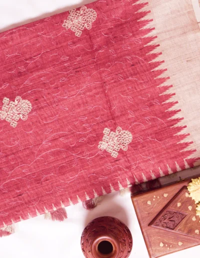 Maroon & Beige Border Embroidery Sarees - Image 2