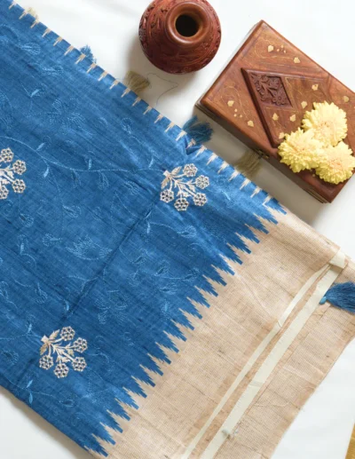 Royal Blue Textured Embroidery Sarees - Image 4