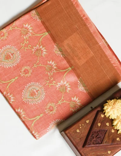 Peach Pink Floral Tusser Saree