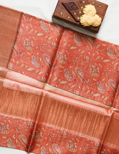 Peach Pink Floral Tusser Saree - Image 3