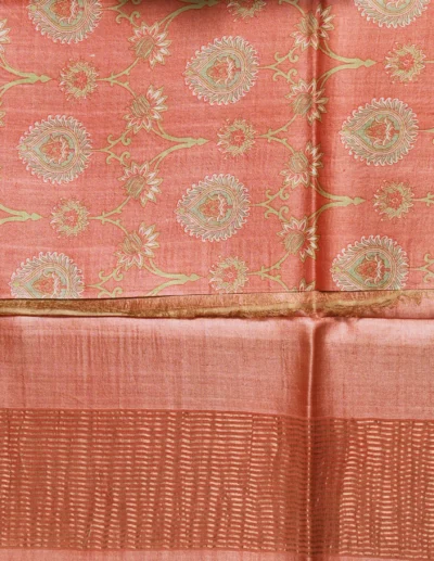 Peach Pink Floral Tusser Saree - Image 4