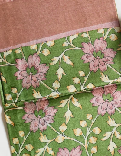 Olive Green Floral Tusser Saree - Image 3