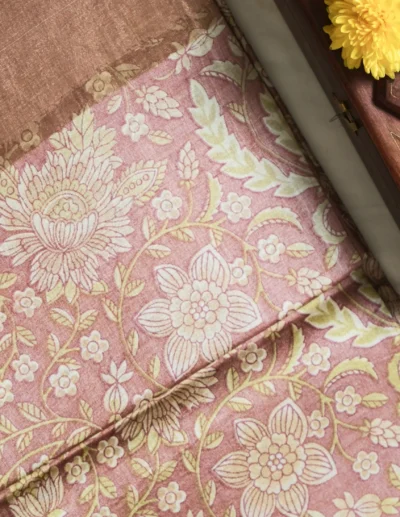 Dusty Rose Floral Tusser Saree - Image 2