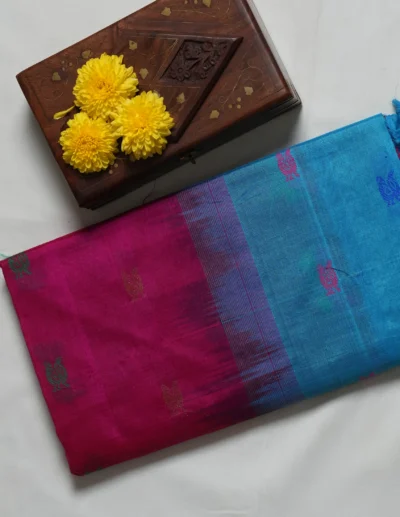 Fuchsia Pink & Aqua Blue Dual-Tone Saree - Image 4