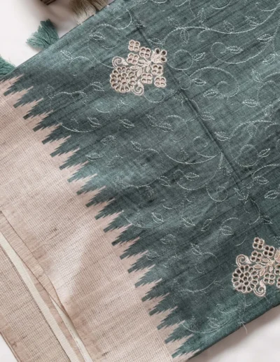 Teal Green Embroidered Saree - Image 3