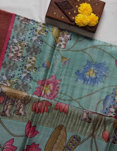Aqua Blue Floral Printed Saree - Image 2