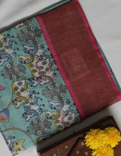 Aqua Blue Floral Printed Saree - Image 4