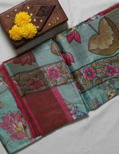 Aqua Blue Floral Printed Saree