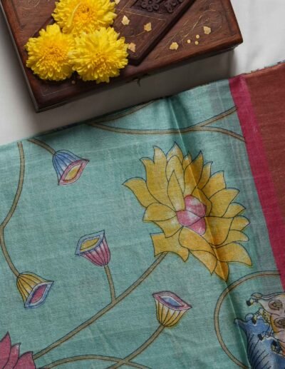 Aqua Blue Floral Printed Saree - Image 3