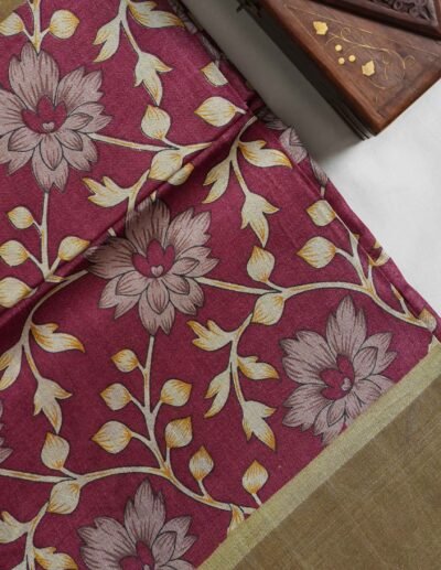 Berry Maroon Floral Printed Saree - Image 2