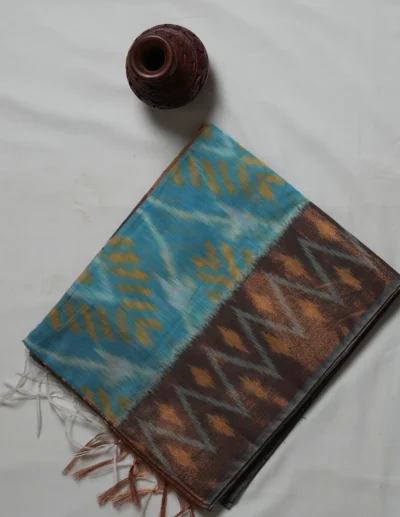 Sky Blue & Brown Ikat Saree - Image 3