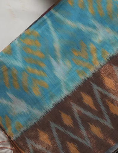 Sky Blue & Brown Ikat Saree - Image 2