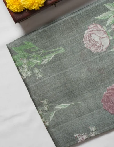 Sage Green Floral Printed Saree - Image 4