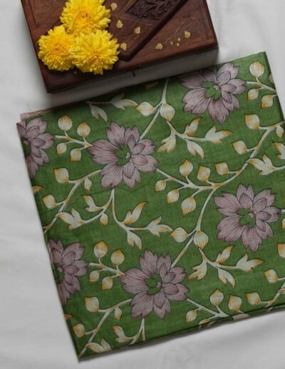 Olive Green Floral Printed Saree - Image 2