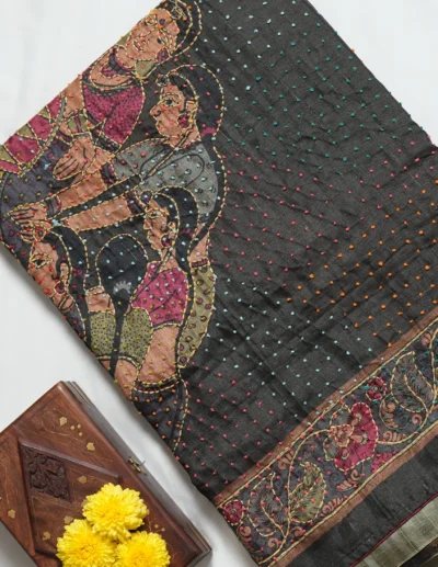 Charcoal Grey Figural Embroidered Saree
