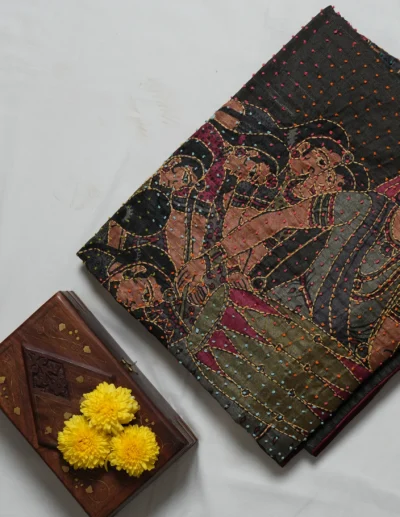 Charcoal Grey Figural Embroidered Saree - Image 2