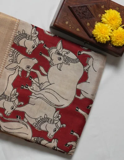 Vibrant Red Traditional Cow Design Saree