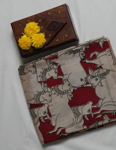 Vibrant Red Traditional Cow Design Saree - Image 2