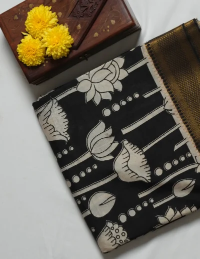 Black & Off-White Lotus Print Saree