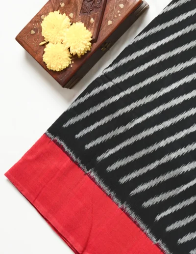Black & Red Striped Ikat Cotton Saree