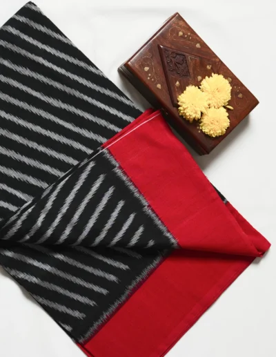 Black & Red Striped Ikat Cotton Saree - Image 2
