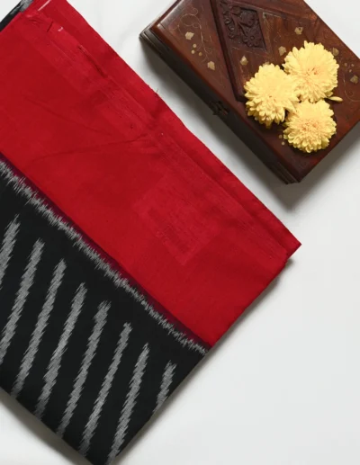 Black & Red Striped Ikat Cotton Saree - Image 3