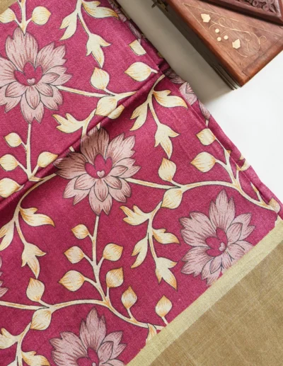 Berry Maroon Floral Printed Tusser Saree - Image 2