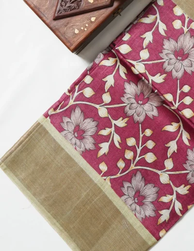 Berry Maroon Floral Printed Tusser Saree