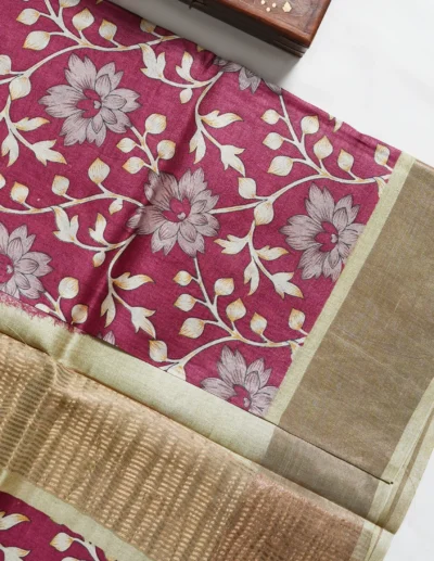 Berry Maroon Floral Printed Tusser Saree - Image 4