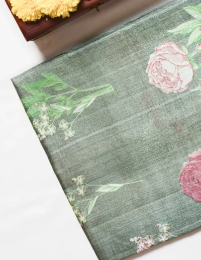Sage Green Floral Tusser Saree - Image 3
