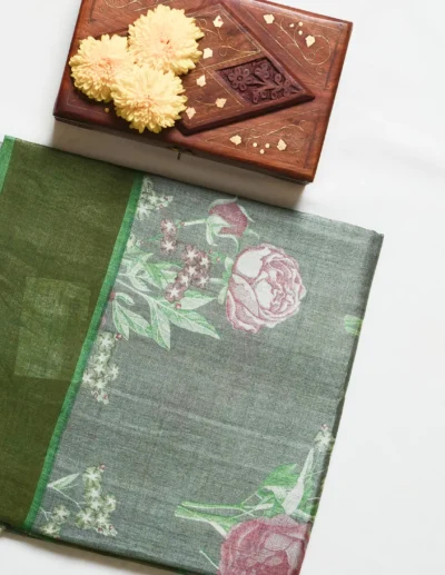 Sage Green Floral Tusser Saree