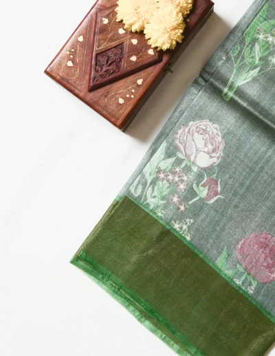 Sage Green Floral Tusser Saree - Image 2