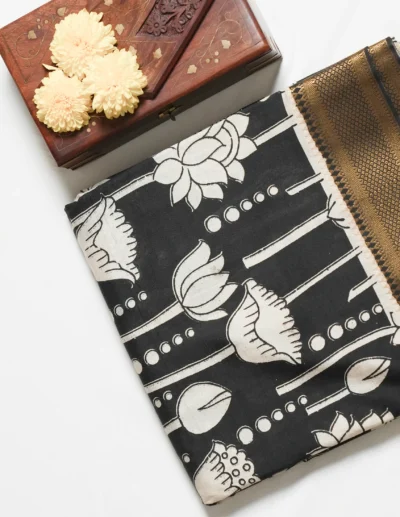 Black & Off-White Lotus Ikat Cotton Saree