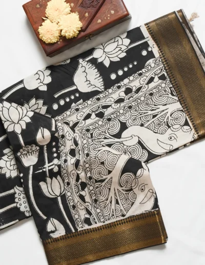 Black & Off-White Lotus Ikat Cotton Saree - Image 2